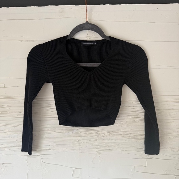Naked Wardrobe Small | Black Ribbed Long Sleeve Crop Top - Picture 2 of 5